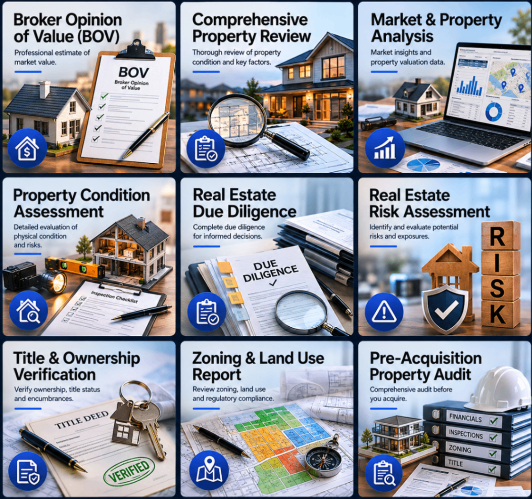 Real Estate Tools — BOV, Comprehensive Property Review, Market Analysis, Property Condition Assessment, Due Diligence, Risk Assessment, Title Verification, Zoning Report, Pre-Acquisition Audit